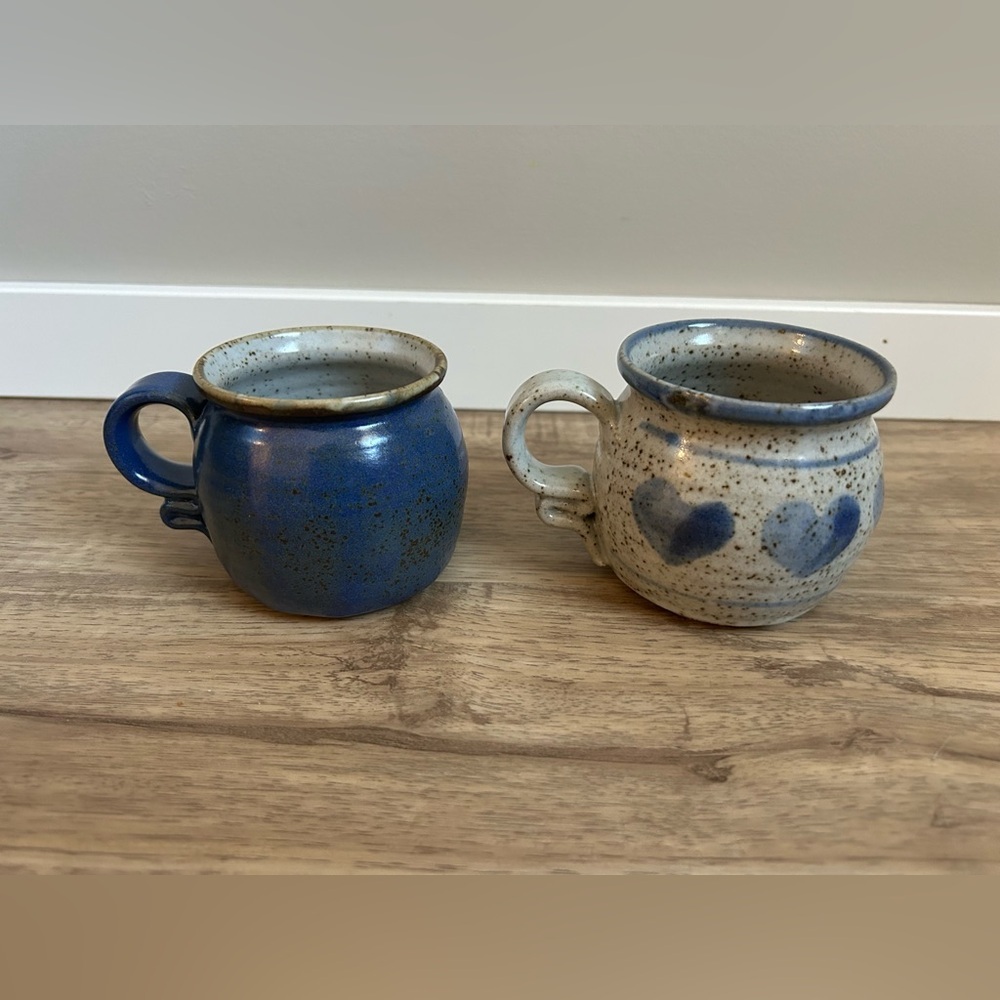 Handcrafted pottery Mugs Blue and Cream hearts coffee tea hot chocolate artisan